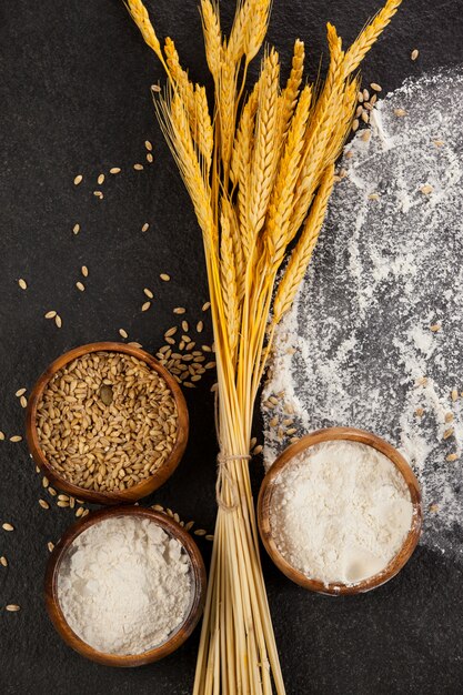 Wheat grains and flour