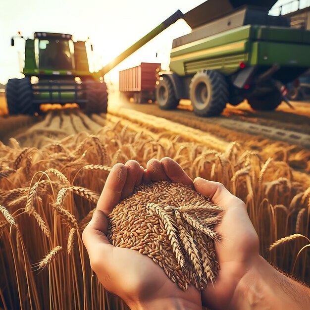 Wheat grains in a hand after good harvest of successful farmer Closeup hands of farmer pouring