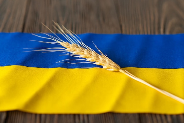 Wheat grains with yellow and blue ukrainian flag on wooden background