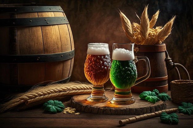 Wheat and hops in beer glasses sit atop a wooden table next to an Oktoberfest beer barrel