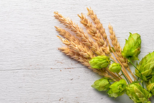 Wheat and hops on a wooden background Top view Free space for text