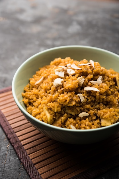 Wheat Laapsi or Lapsi or Shira or Halwa is an Indian sweet dish made of broken wheat or Daliya pieces and ghee along with nuts, raisins and dried fruits