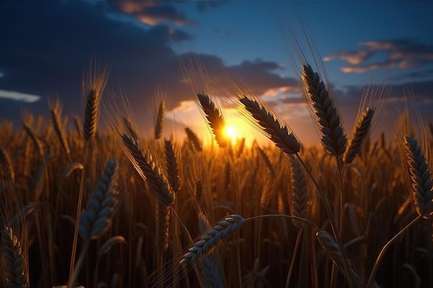 Wheat in open field against sun industrial rural background Harvest time