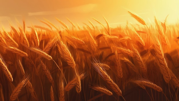 Wheat in open field against sun industrial rural background Harvest time