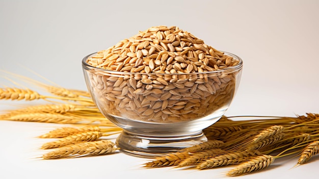 Wheat seeds in a glass bowl on white background