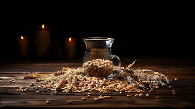 Foto semi di grano su un tavolo di legno. studio. luce. sala del villaggio.