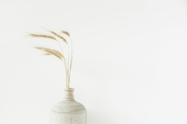 Wheat spikes bouquet in wooden vase on white.