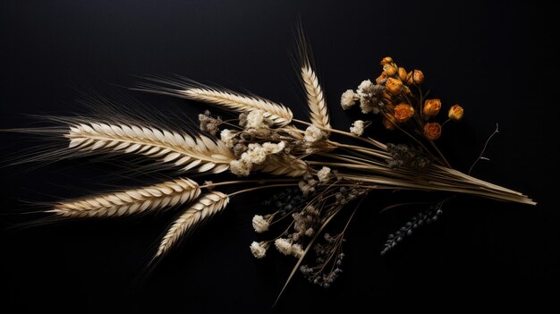 Wheat and wild flowers on black studio background organic concept ai generated