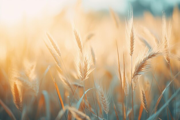 wheatgrass grows in fields during sunrise in the style of soft and dreamy depictions