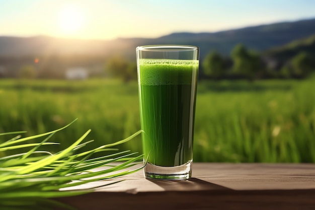 Photo wheatgrass juice in a tall glass ornament