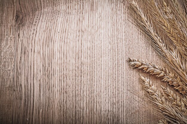 Wheatrye ears on wooden board copyspace food and drink concept