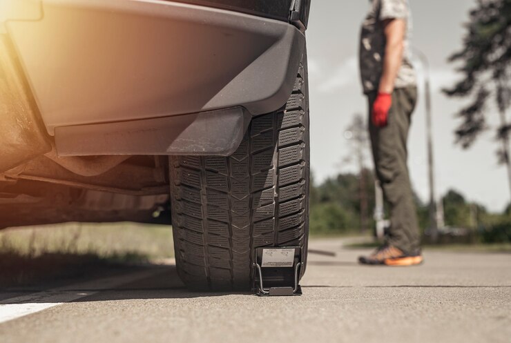 Wheel chocks under car tire on road man standing nearby bottom view