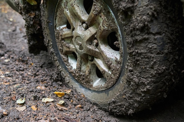 泥だらけの道がある田舎の風景の車輪のクローズアップ