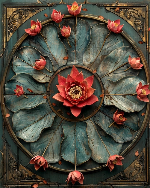 The Wheel of Dharma with lotus flowers is a symbol of the Vesak holiday in honor of Buddha