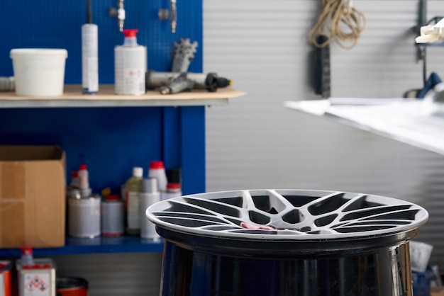 Wheel disc in auto repair shop ready to be renewed