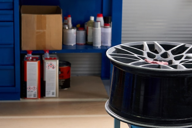 Wheel disc in auto repair shop ready to be renewed