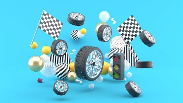 Wheel floats amidst flags and traffic lights, and colorful balls on blue. 3d render