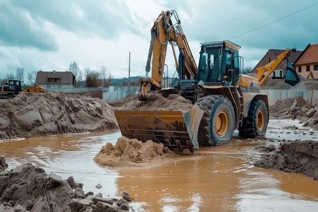 Wheel loader Graafmachine die zand met water losmaakt tijdens grondbewegingswerkzaamheden op bouwplaats