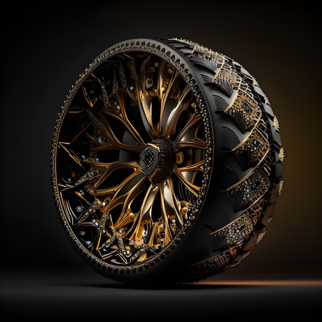 A wheel made of gold and black with the word " on it "