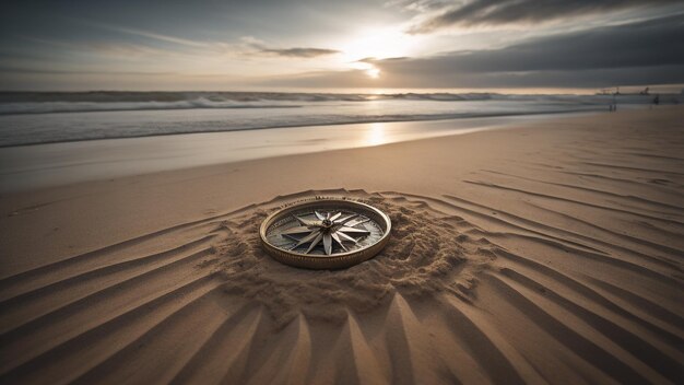 A wheel in the sand with a compass in it