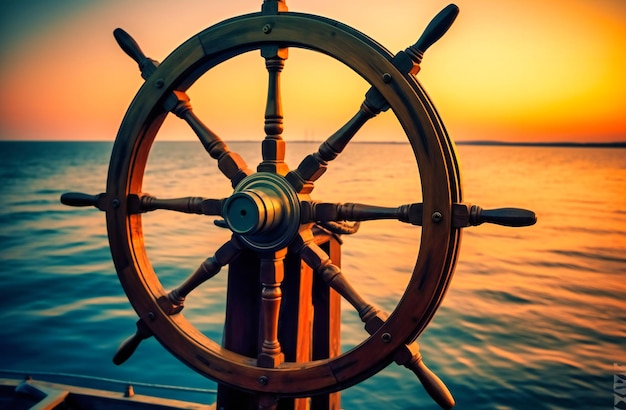 The wheel of a ship at sunset with sea ocean in the background