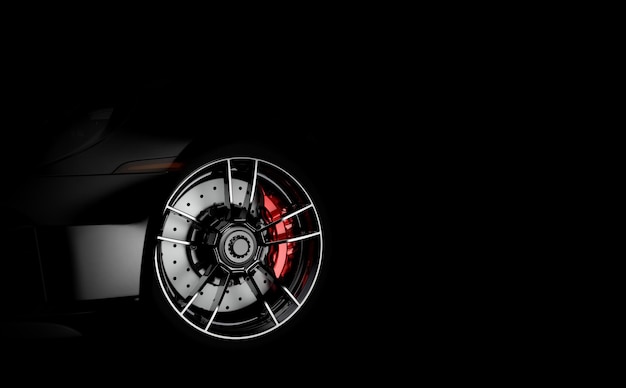 Wheel of a sport car in the dark 3D illustration