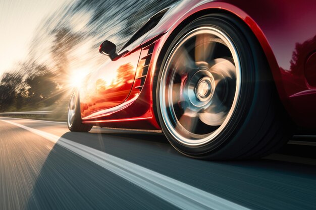 Foto ruota di un'auto sportiva rossa a velocità generativa ai