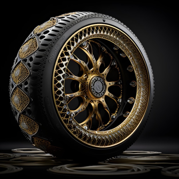 A wheel that has gold and gold designs on it