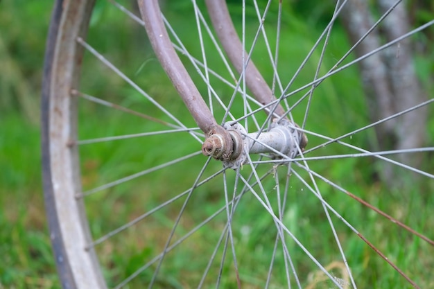 wheel of vintage dirty old bicycle against green plants and grass, metal bike rim, rims spokes