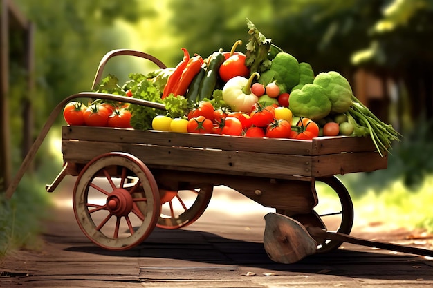 A wheelbarrow filled with fresh produce realistic photo