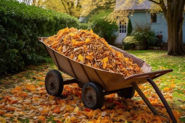 Wheelbarrow filled with raked leaves in a yard created with generative ai