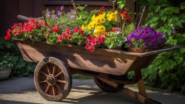 A wheelbarrow full of flowers sits on a sidewalk.