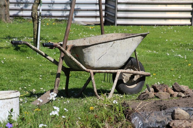 Photo wheelbarrow on grassy field