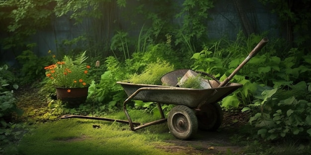 Wheelbarrow in de achtertuin groene gazon schop ontworteld onkruid tuinwerk