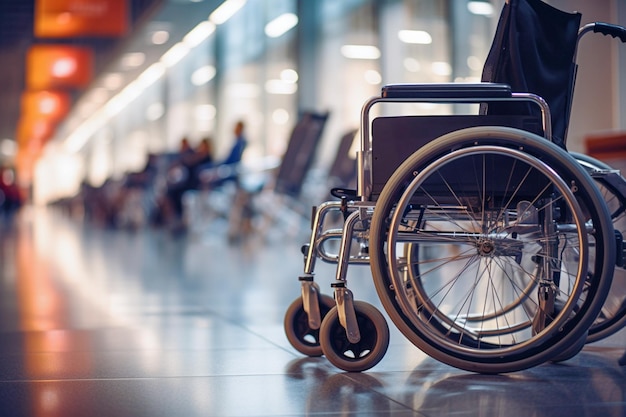 Инвалидная коляска на фоне зала ожидания аэропорта Copy Space