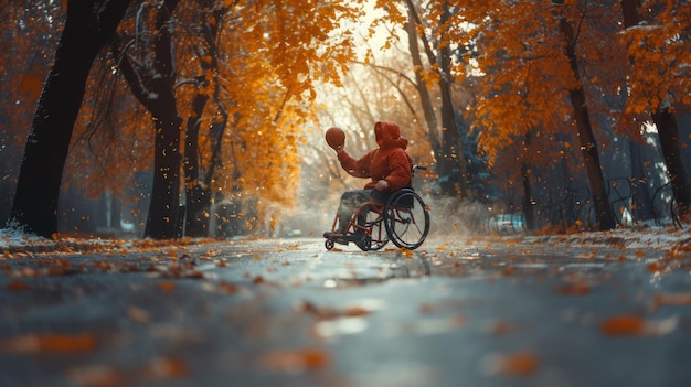 Wheelchair Basketball Player Practicing in Autumn Park