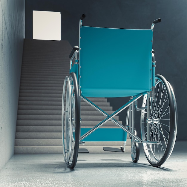 Photo wheelchair for the disabled in front of a long flight of stairs