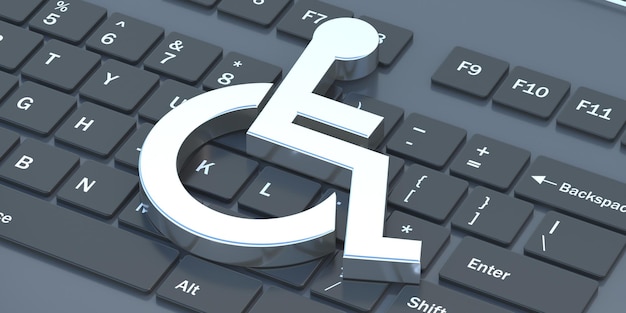 Wheelchair icon on black computer laptop keyboard 3d\
illustration