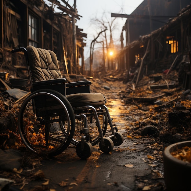 A wheelchair is on the ground in a deserted street.