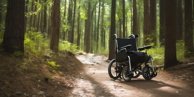 A wheelchair is parked in a forest path.