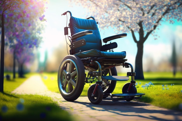 A wheelchair is parked in a park with a tree in the background.