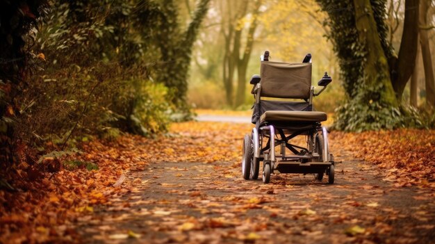 A wheelchair is parked on a path in a park ai generated