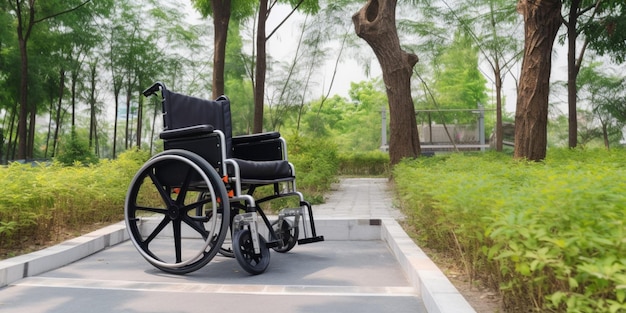 A wheelchair is parked on a path in a park.