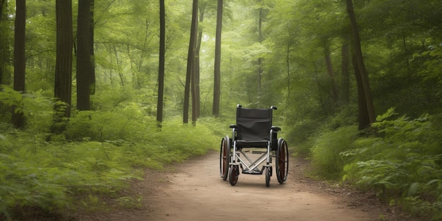 Photo a wheelchair on a path in a forest