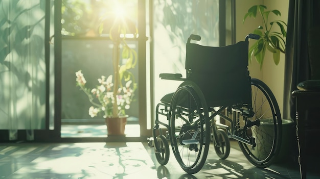 Wheelchair of person with disability in the house or hospital with nature sunlight Cinematic tone and emotion picture Life Insurance accident International Day of Persons with Disabilities concept