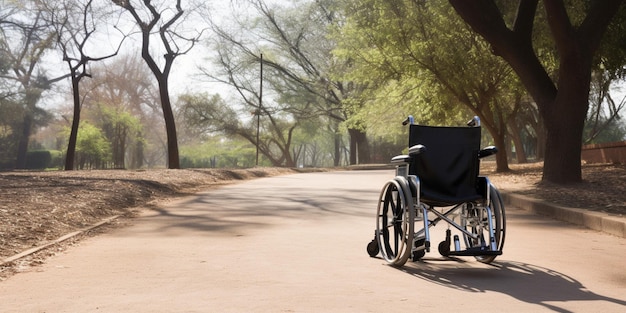 A wheelchair on a road with trees in the background