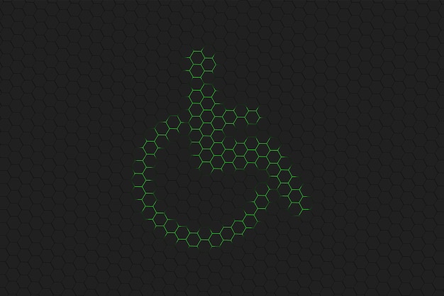車椅子の標識、障害者のシンボル、障害者のハンディキャップ、緑色の六角形