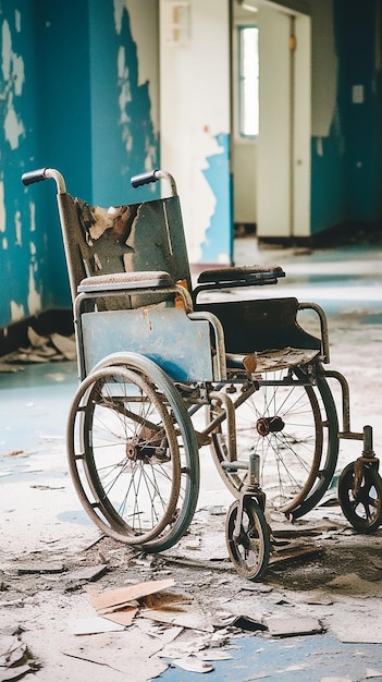 A wheelchair sits in a room with a blue wall behind it.