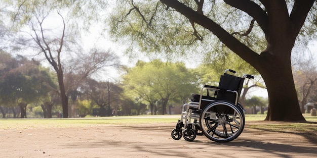 A wheelchair sits under a tree in a park.