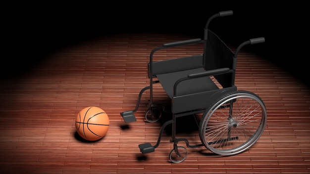 Sedia a rotelle con palla da basket sul pavimento in parquet di legno